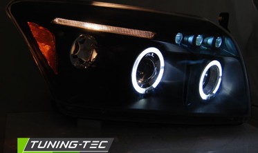 Черные передние тюнинговые фары DODGE CALIBER с ангельскими глазками фото