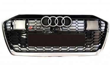 Черная с хромом решетка в стиле RS для Audi A6 C8 (Под дистроник) фото