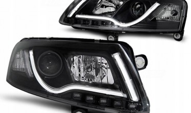 Черные фары с диодными габаритами Audi A6 C6 led Tube Light фото