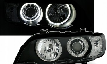 Фары передние BMW X5 E53 дорестайл с белыми кольцами под ксенон фото