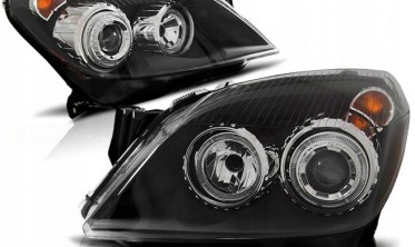 Черные фары передние Opel Astra H с кольцами Angel Eyes фото