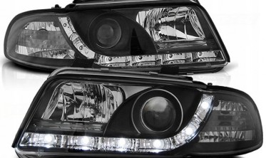 Фары передние черные Audi A4 B5 дорестайл с диодной строкой фото
