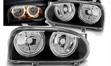 Тюнинговые передние фары VW Golf 3 с кольцами черные фото