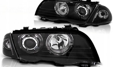 Чорні передні фари з діодними кільцями BMW E46 дорестайл Sedan / Kombi фото