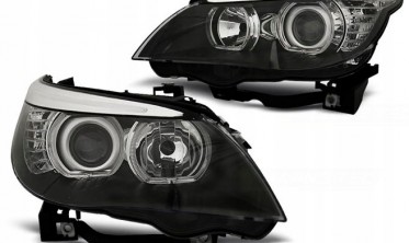 Черные фары Depo передние BMW E60, E61 2003-2007 с диодными кольцами фото