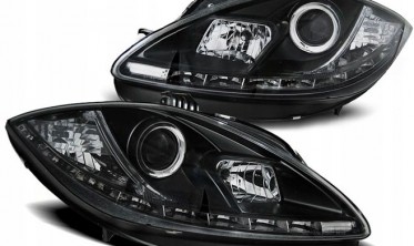 Передние черные фары Seat Leon 2, Altea рестайл с диодной строкой фото