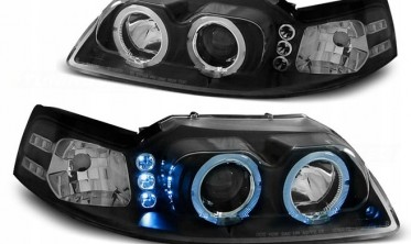 Линзованные фары передние FORD MUSTANG 1998-2004 черные с кольцами фото