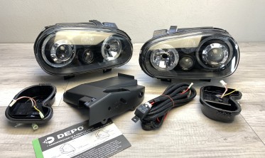 Фары передние тюнинговые VW Golf 4 Depo с кольцами фото