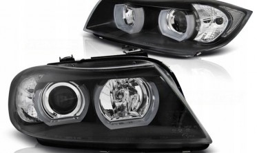 Фары передние BMW E90 / E91 черные с U-LED ангельскими глазками фото
