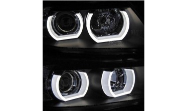 Фары передние BMW E90 / E91 черные с U-LED ангельскими глазками фото