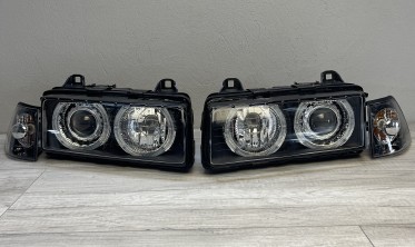 Фары передние BMW E36 седан, универсал Depo черные с кольцами фото