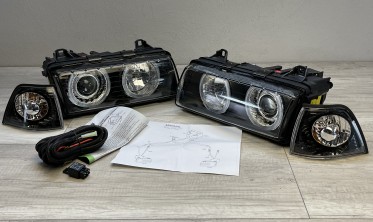 Фары передние BMW E36 седан, универсал Depo черные с кольцами фото