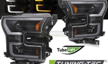 Черные передние тюнинг фары Ford F150 MK13 2014-2017 с двумя линзами фото