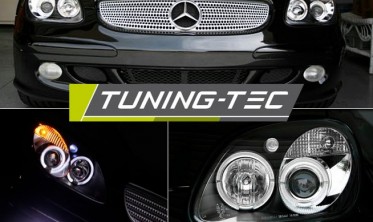 Черные тюнинг фары передние MERCEDES SLK R170 с кольцами на габарит фото