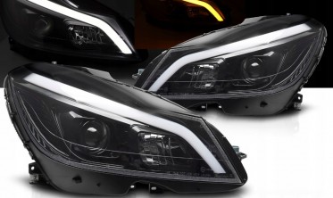 Передні фари Mercedes C W204 2011-2014 чорні глянцеві з діодами фото