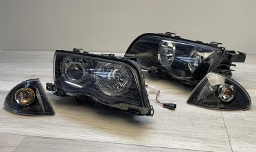 Чорні передні фари з діодними кільцями BMW E46 дорестайл Sedan / Kombi фото