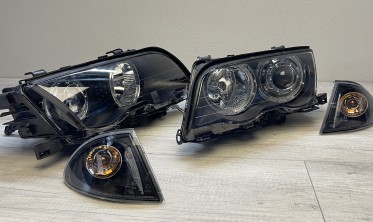 Чорні передні фари з діодними кільцями BMW E46 дорестайл Sedan / Kombi фото