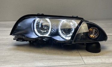 Чорні передні фари з діодними кільцями BMW E46 дорестайл Sedan / Kombi фото