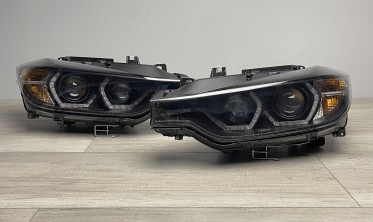 Чорні фари передні BMW F30/F31 дорестайл з жовтими кільцями фото