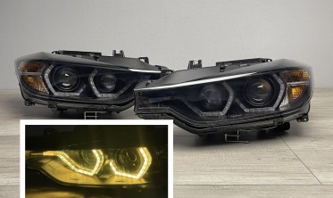 Черные фары передние BMW F30 / F31 дорестайл с желтыми кольцами фото