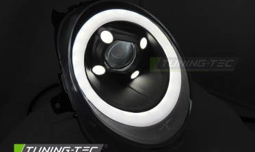 Тюнинг фары передние Mini Cooper F55, F56, F57 черные глянцевые с диодами фото