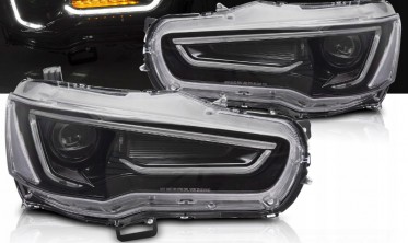 Черные передние фары Mitsubishi Lancer X MK10 тюнинг оптика фото