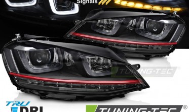 Фары передние тюнинг VW Golf 7 2013-2017 лед оптика с красной вставкой фото