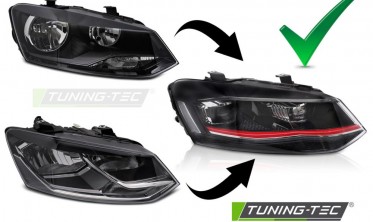 Передние full led фары VW Polo 6R 2009-2017 тюнинг оптика с красной вставкой фото