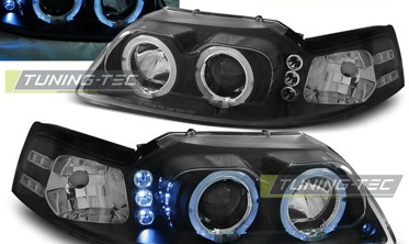 Линзованные фары передние FORD MUSTANG 1998-2004 черные с кольцами фото