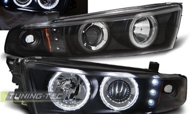 Чорні тюнінг передні фари MITSUBISHI GALANT 8 з кільцями фото
