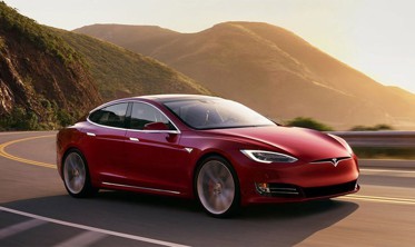 Защитная накладка на бампер с загибом Tesla Model S Liftback (сталь+carbon red) фото